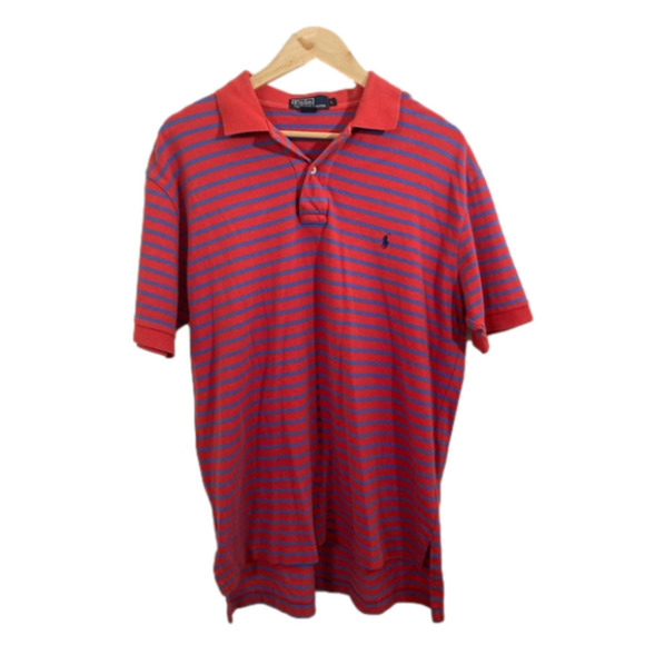 Polo by Ralph Lauren 100% Cotton Large red blue striped polo shirt short sleeve - Picture 1 of 6
